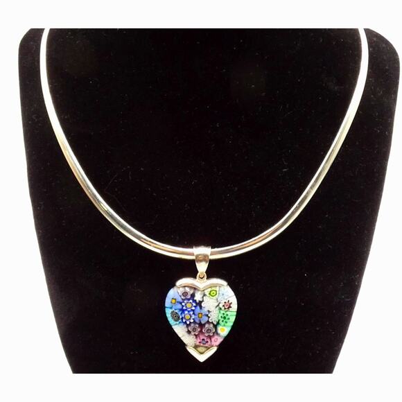 Vintage 925 Millefiori Heart Pendant Necklace Sterling Italy Glass Alan K Signed - Picture 12 of 15